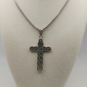 Filigree Taxco Sterling Silver Cross on 26-Inch 2.4MM Snake Chain